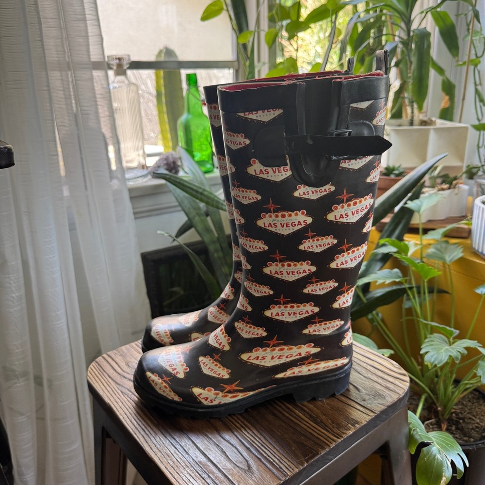Capelli New York Las Vegas Sign Print Tall‎ Rain Boots Black Womens Size 7